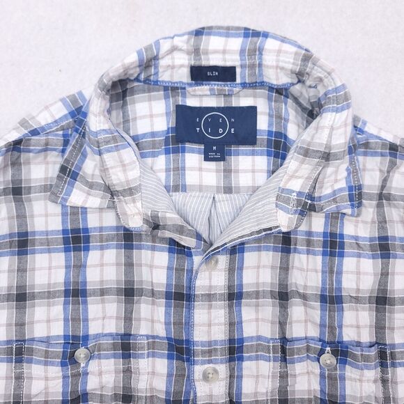 Even Tide Tartan Flannel Casual Button Up Shirt Mens Size Medium M White Blue - Picture 1 of 10